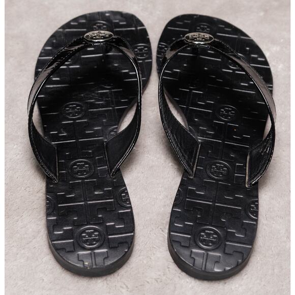 Tory Burch Thora Black Patent Leather Thong Sandals Womens Size 9 Silver Logo - Picture 11 of 16